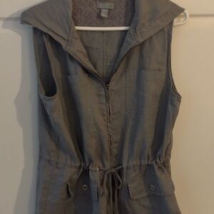 KENAR Linen Vest Women's M gray Hooded‎ Utility Pockets Drawstring Sleeveless